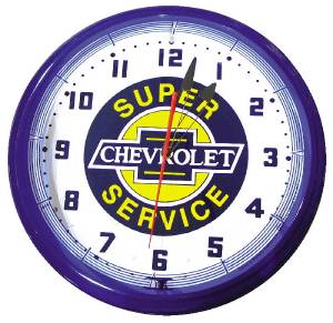 Clock -Neon Super Chevrolet Service, Blue Trim, Large. 20" X 5.5" Photo Main